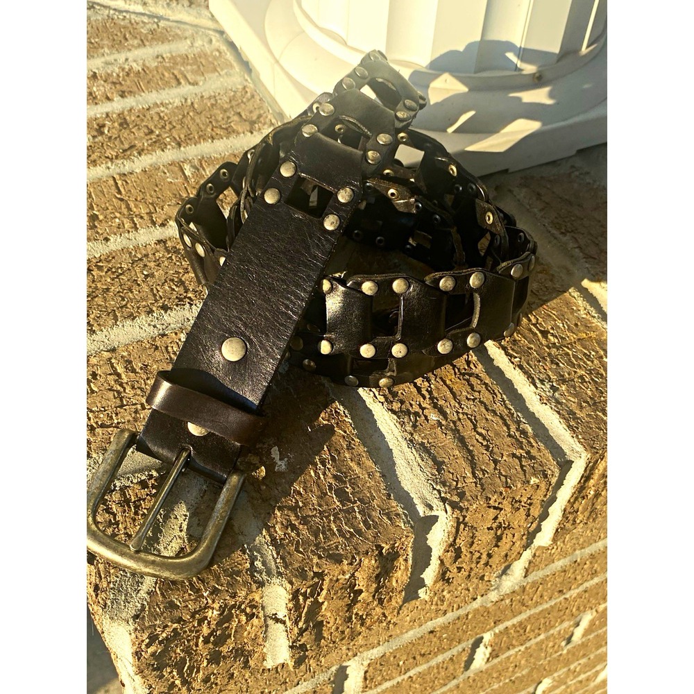 Men's Black Full Grain Leather Link Belt Adjustable, Size 50 Moto Goth